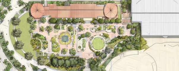 Aerial view of a landscaped area featuring circular gardens, pathways, and a central fountain, surrounded by greenery and buildings.