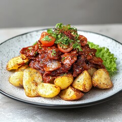 Meatballs in rich brown sauce with potato cubes on white plate styled on gray surface in soft light for comfort food rustic culinary concept photo