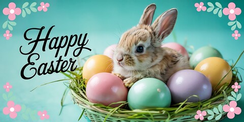 Adorable Baby Bunny Sitting Among Pastel-Colored Easter Eggs on a Vibrant Turquoise Background Perfect for Easter-Themed Designs Spring Celebrations Holiday Marketing and Cute Animal Stock Photography