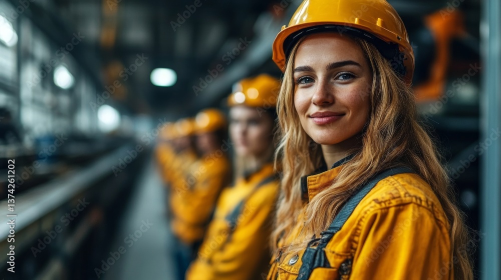 Poster A group of workers in safety helmets stands in a contemporary warehouse lined with storage shelves, focusing on logistics tasks and inventory handling during the day.