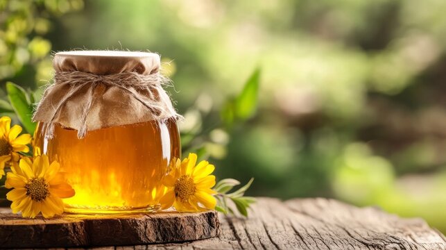 Honey Jar with Flowers on Rustic Wood in a Natural Light Setting