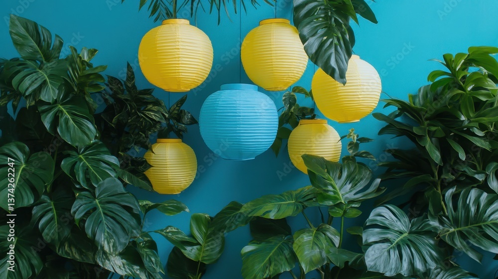 Aufkleber vibrant lanterns and lush greenery against a teal backdrop creating a tropical and festive atmospher