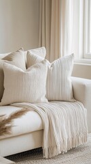 Elegant living room with a cozy beige sofa adorned with stylish textured pillows and a soft throw blanket, creating a warm atmosphere during the afternoon light