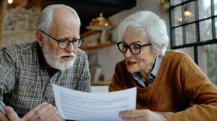 An older couple sits together at a table, examining a document and engaging in conversation about its contents, showcasing their shared experience and connection in their golden years.