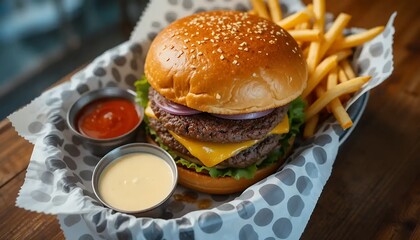 Delicious Double Cheeseburger with Fries and Dipping Sauces Ready to Eat
