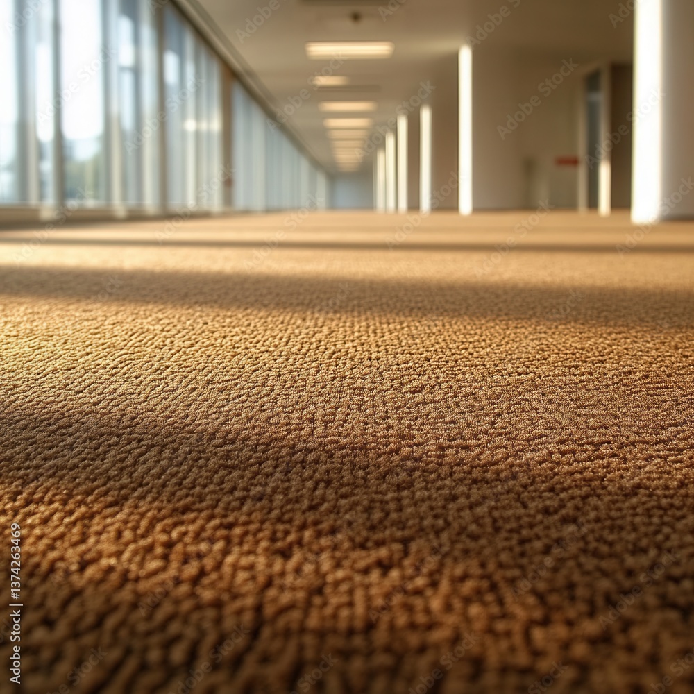 Poster warm sunlight on a carpeted office hallway with a long perspective view of modern architecture and i
