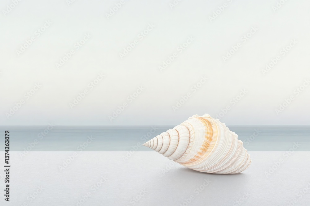 Poster single elegantly coiled spiral shell resting on smooth monochromatic surface with ample copy space c