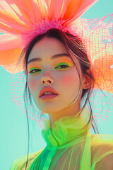 Fototapeta premium A close-up portrait of an Asian model wearing a giant pink floral headpiece and neon green makeup under bright daylight. High fashion editorial with bold y2k aesthetics.