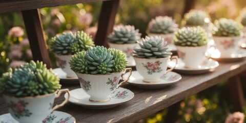 Vintage teacups with succulent plants arranged on a wooden shelf in a garden setting