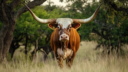 Longhorn steer close up. Generative AI
