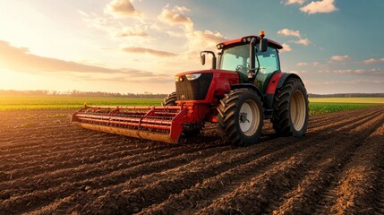 Farmer operating tractor on lush farm fields at sunset realistic image of modern agriculture practices