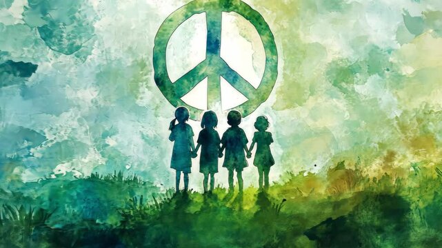 Children unite beneath peace symbol in watercolor animation sequence