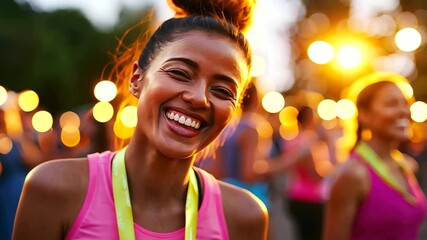 Joyful female friends embrace and celebrate their achievement after completing a 5km race in the park.