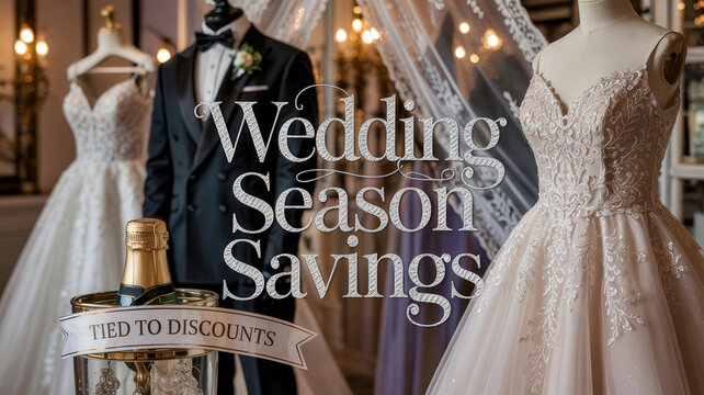 Elegant wedding display with bridal gowns, tuxedo, champagne, and text Wedding Season Savings and Tied to Discounts in a luxurious setting
