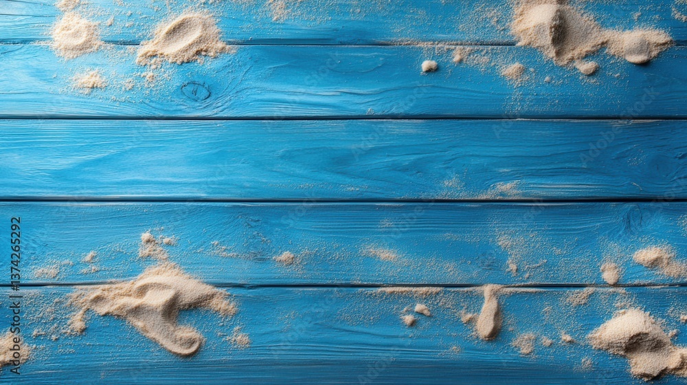 Poster top view of turquoise wooden planks adorned with scattered sand creating a beachy summer atmosphere 