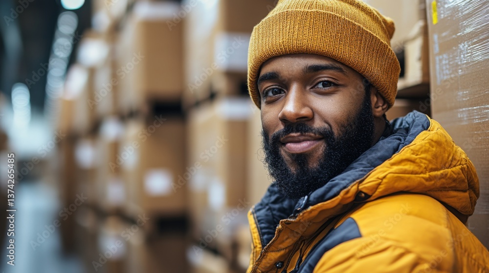 Poster a warehouse employee wearing a yellow beanie and jacket smiles while standing beside stacked boxes, 