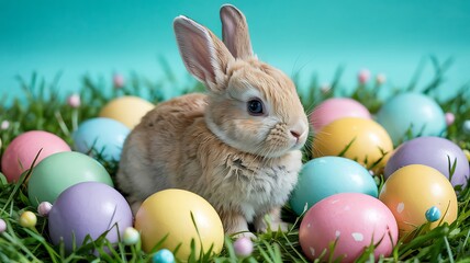 Adorable Baby Bunny Sitting Among Pastel-Colored Easter Eggs on a Vibrant Turquoise Background Perfect for Easter-Themed Designs Spring Celebrations Holiday Marketing and Cute Animal Stock Photography