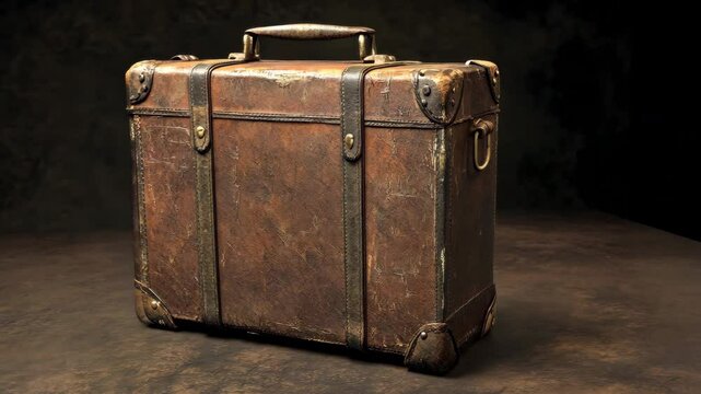 Rotating antique suitcase on dark background showcasing vintage elegance and timeless craftsmanship
