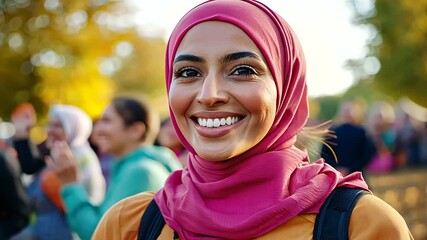 Energetic Muslim woman in colorful hijab running a marathon amidst cheering spectators.