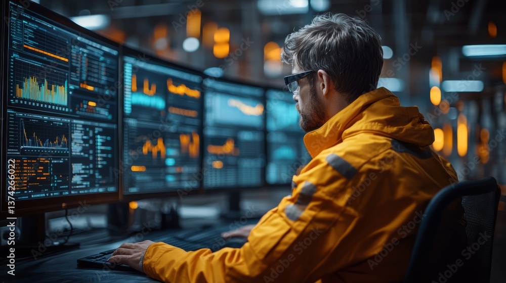 Aufkleber A logistics expert in a yellow jacket observes and analyzes inventory data on multiple screens in a bustling distribution warehouse during nighttime operations.