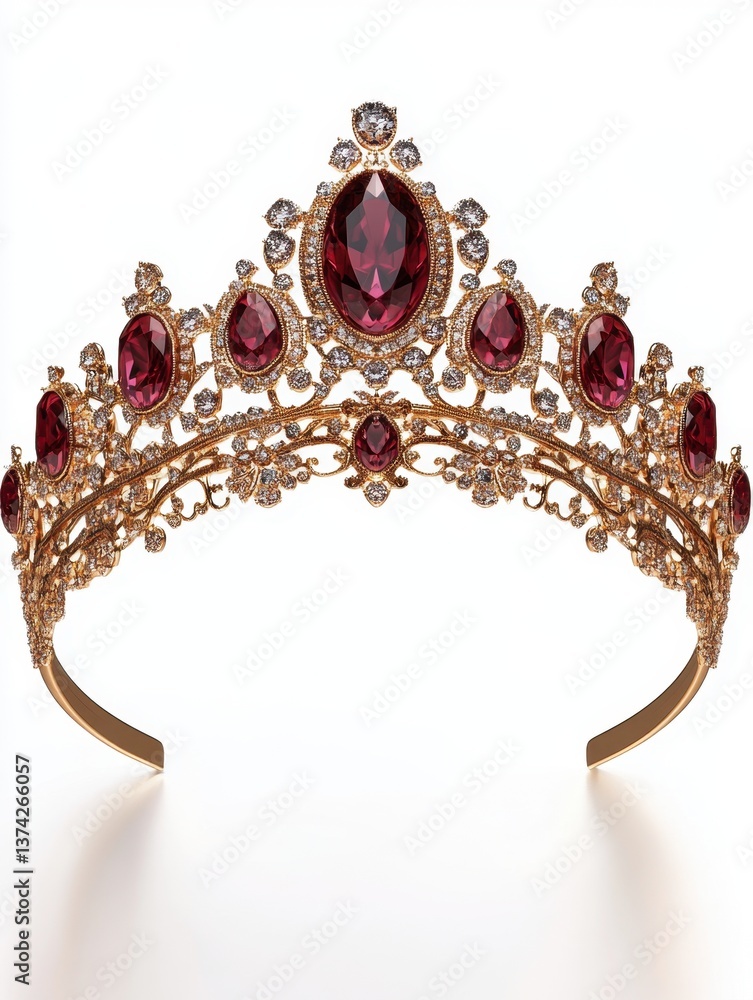 Poster exquisite golden tiara adorned with ruby gemstones and sparkling diamonds on a pristine white backgr