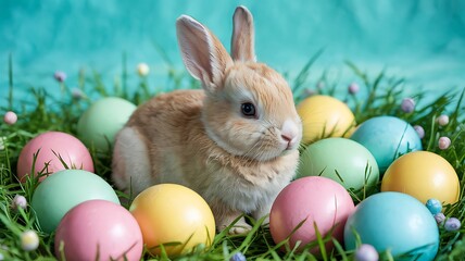 Adorable Baby Bunny Sitting Among Pastel-Colored Easter Eggs on a Vibrant Turquoise Background Perfect for Easter-Themed Designs Spring Celebrations Holiday Marketing and Cute Animal Stock Photography