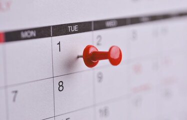 Close-up of calendar pin, Business meeting planning, Travel planning. Choose specific focus point