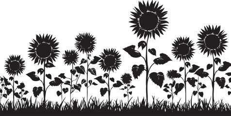 Silhouette of sunflowers and plants, perfect for nature-themed designs and backgrounds.