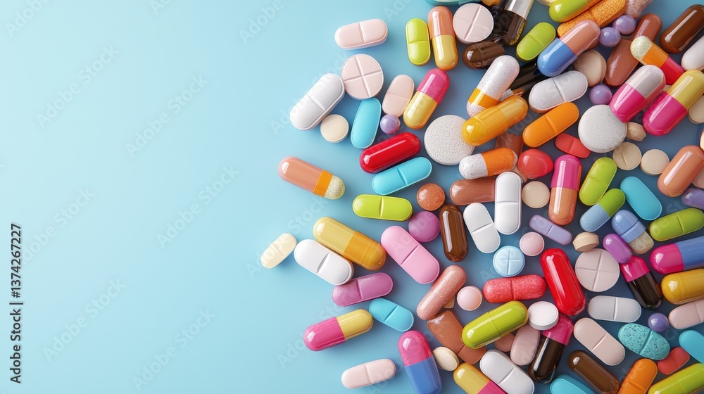 Poster overflow of mixed capsules and tablets forming tower structure against blue background symbolizing p