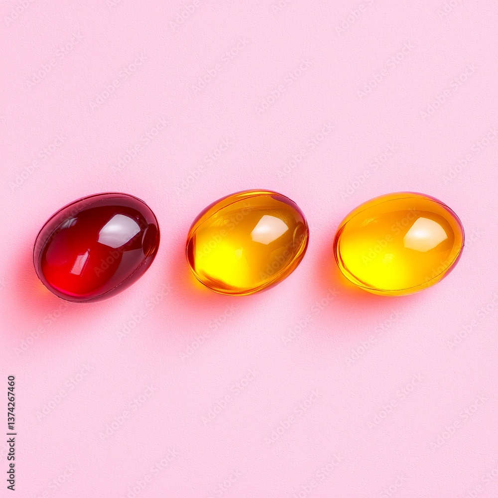 Poster red and yellow softgel capsules isolated on pink background arranged in triangle shape representing 