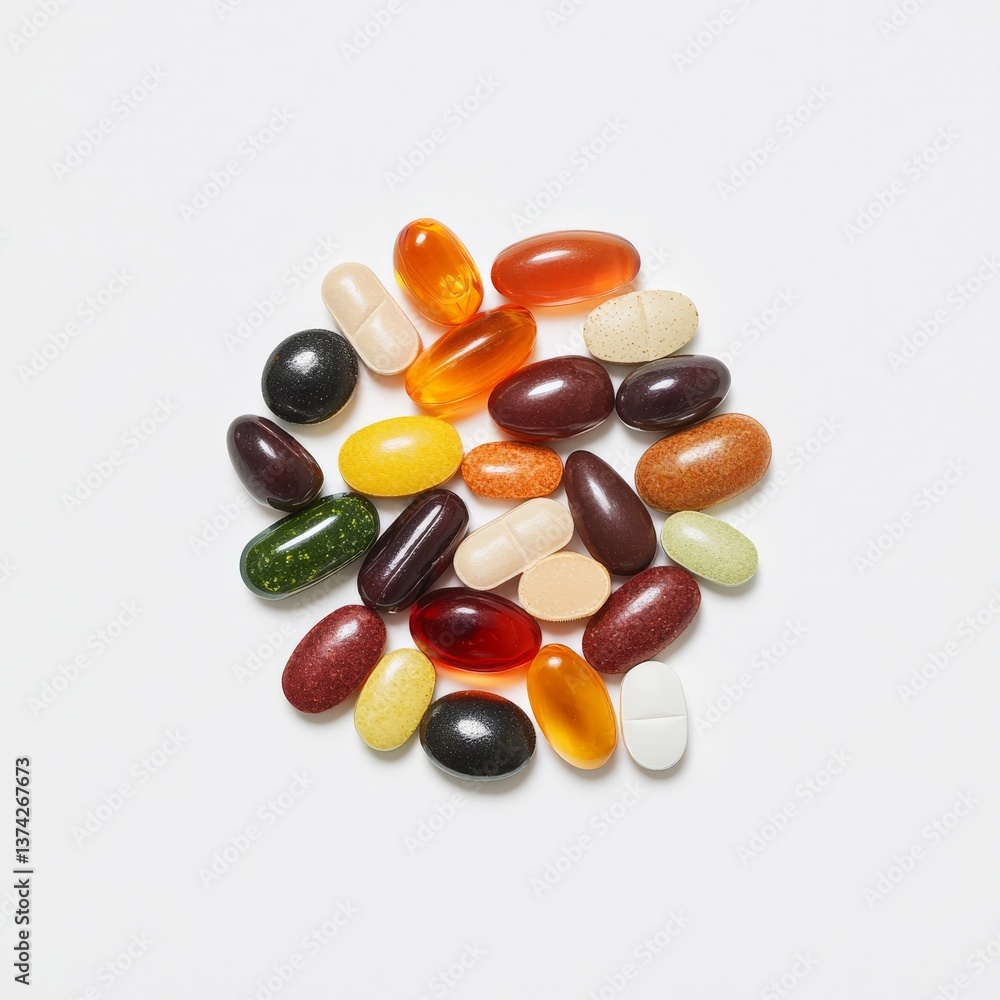 Poster top down view of circular black container filled with multicolored capsules on white background symb