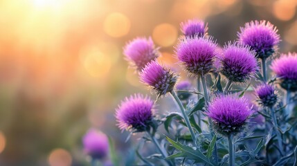 Obraz premium Captivating Thistle Flowers in Warm Sunset Light Showcasing Delicate Petals and Soft Bokeh Background for Nature Photography