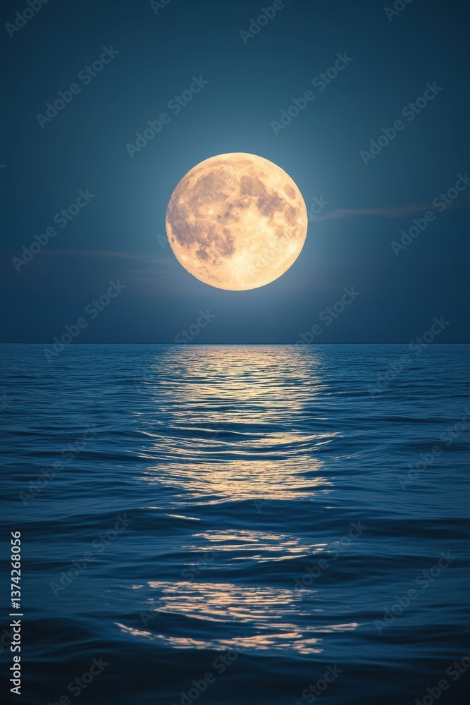 Poster ethereal full moon reflecting on the tranquil ocean surface creating a serene and magical nightscape