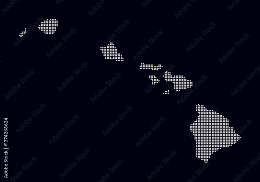 Poster hawaii dotted map. digital style map of the state on dark background. hawaii shape with square dots.