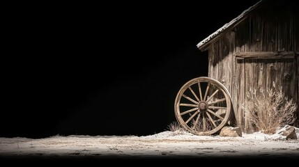 Obraz premium Winter scene rustic barn and wagon wheel in snowy landscape serene environment captivating viewpoint