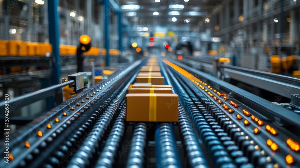 Leinwandbilder rows of brightly colored boxes move along a conveyor belt in a busy warehouse, showcasing the sortin