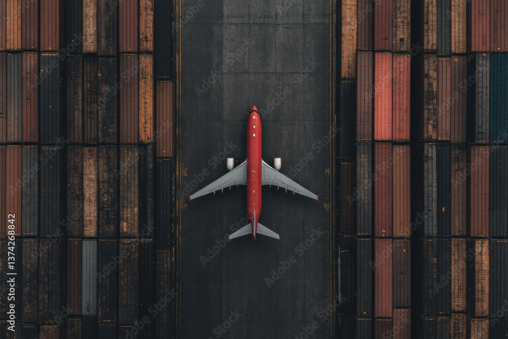 Aufkleber a red airplane is on the runway in front of a pile of wooden crates