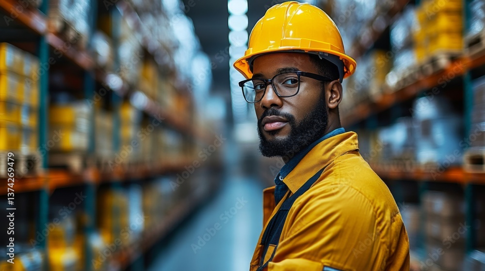 Poster a dedicated worker wearing a hard hat and glasses poses confidently in a warehouse filled with inven