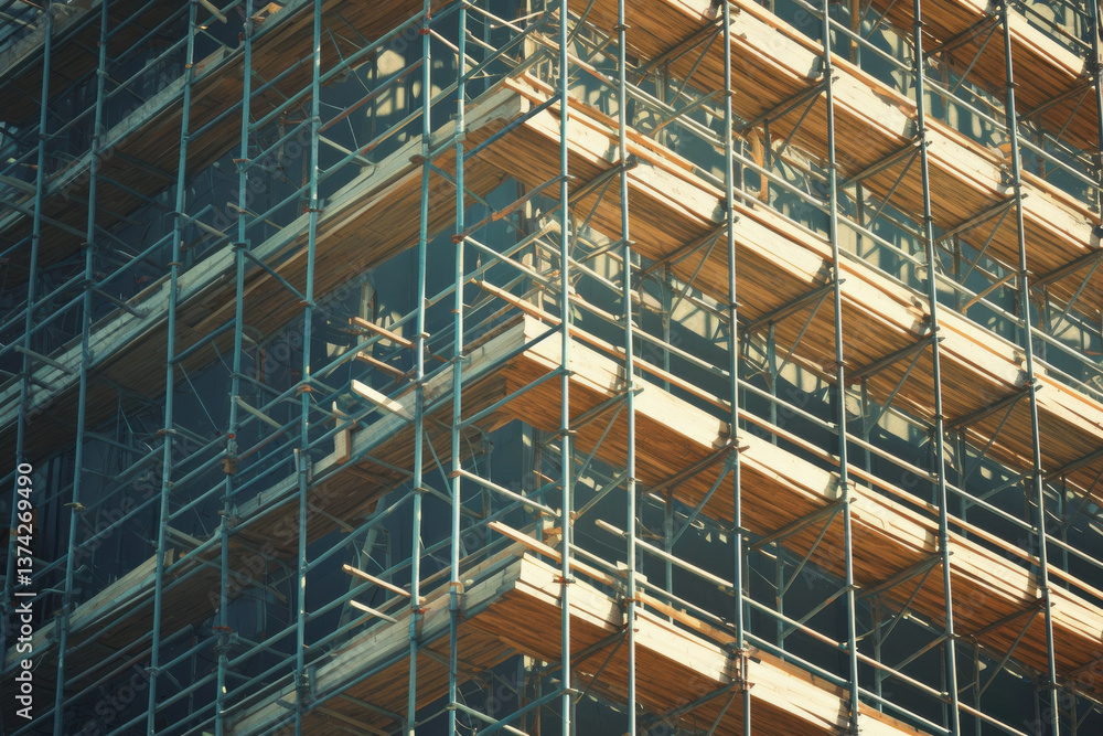 Poster a building with scaffolding on it