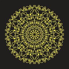 A detailed minimalist mandala with thin yellow lines on black. Concentric rings of geometric, floral, and spiral patterns create depth, symmetry, and harmony in an elegant, intricate design