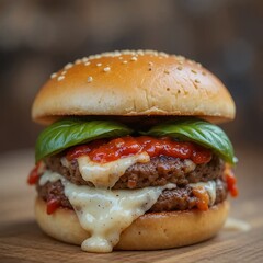 Close-up of Mouthwatering Double Cheeseburger with Basil and Tomato Sauce