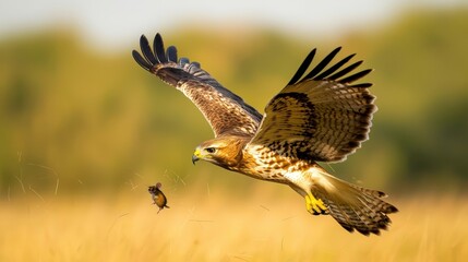 Fototapeta premium Hawk Hunting Mouse in Nature, Wild Bird