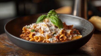 Pasta Bolognese with basil. Generative AI