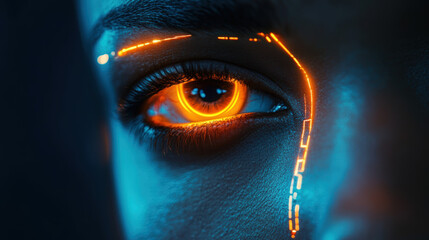 Futuristic Glowing Eye. A close-up of a woman's face with an orange glowing eye and neon blue skin, suggesting a futuristic or technological enhancement.