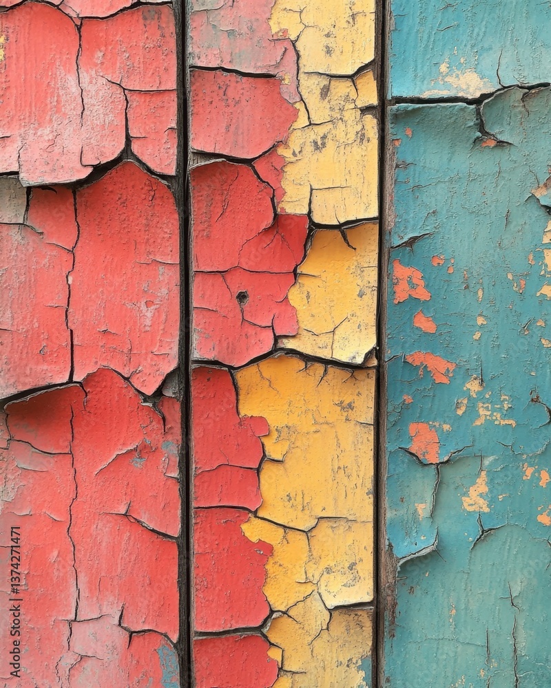 Poster colorful weathered wood planks with peeling paint creating a rustic texture and vibrant abstract pat