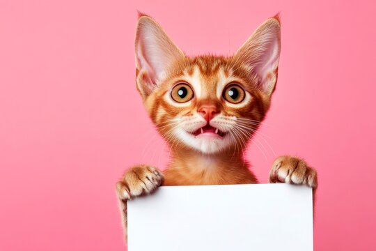 Ð¡ute cat oriental shorthair hold in front paws a layout - large white road sign. Animal ready for brand. Isolated baby feline on a solid apparel pink background. Mascot for ad mockup.