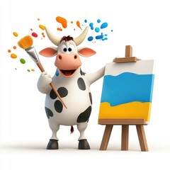 Naklejka premium Playful Cartoon Cow Painting on Canvas with Colorful Splashes