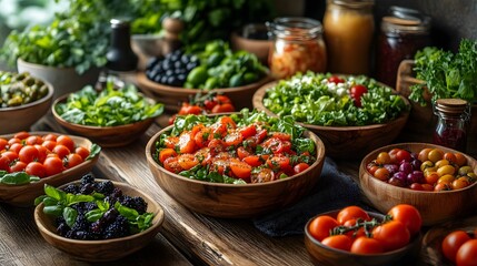 Fototapeta premium A rustic wooden table set with fresh organic salads and homemade dressing