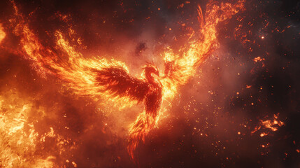 Phoenix Rising from Ashes. The mythical Phoenix bird rises from ashes in a fiery display. Symbolizes rebirth, resilience and transformation.