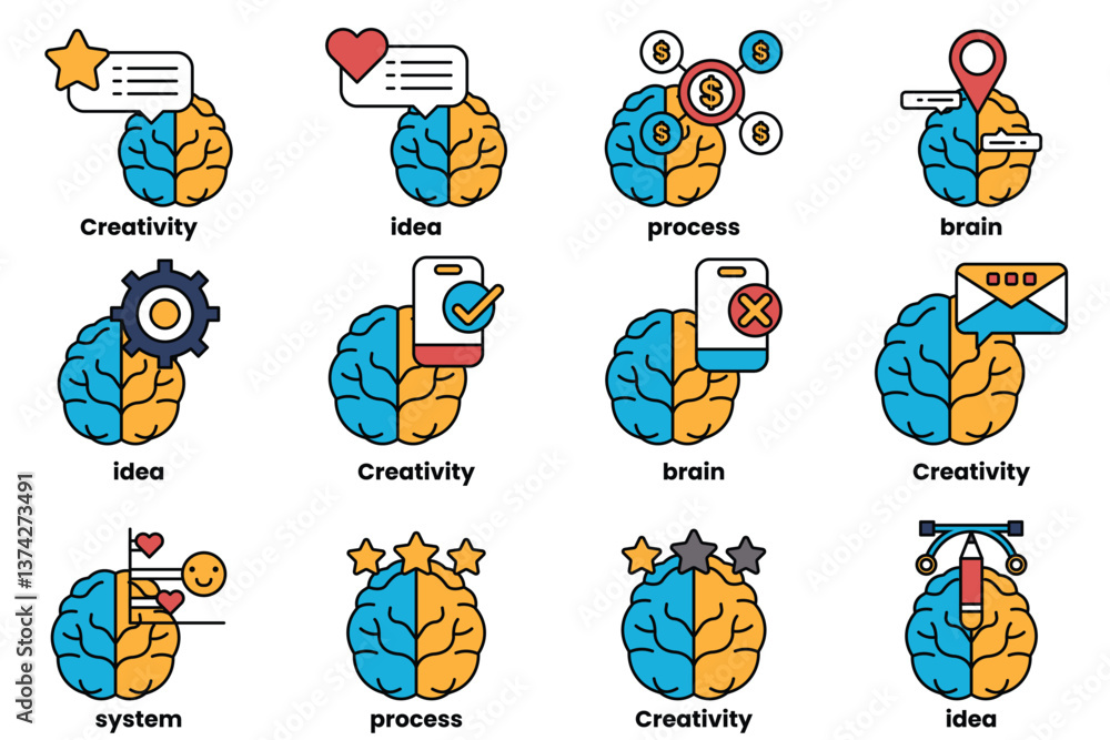 Poster set of illustrations in the concept of brain and things in line art style